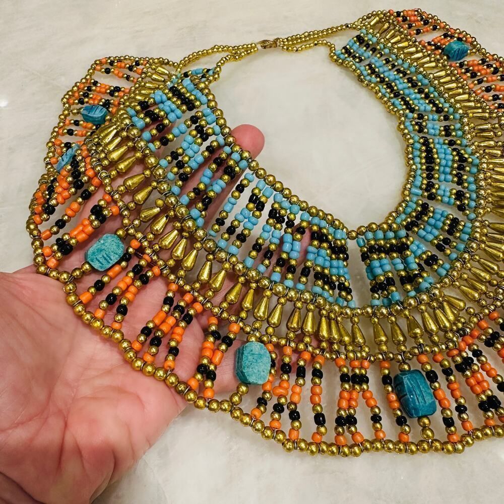 Egyptian Beaded Necklace Collar With Blue Scarabs, Cleopatra - Picture 5 of 6